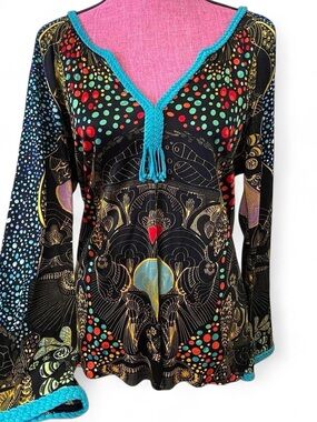 Custo Barcelona Black V-Neck Tunic with Turquoise Trim and Multi-Color Print
